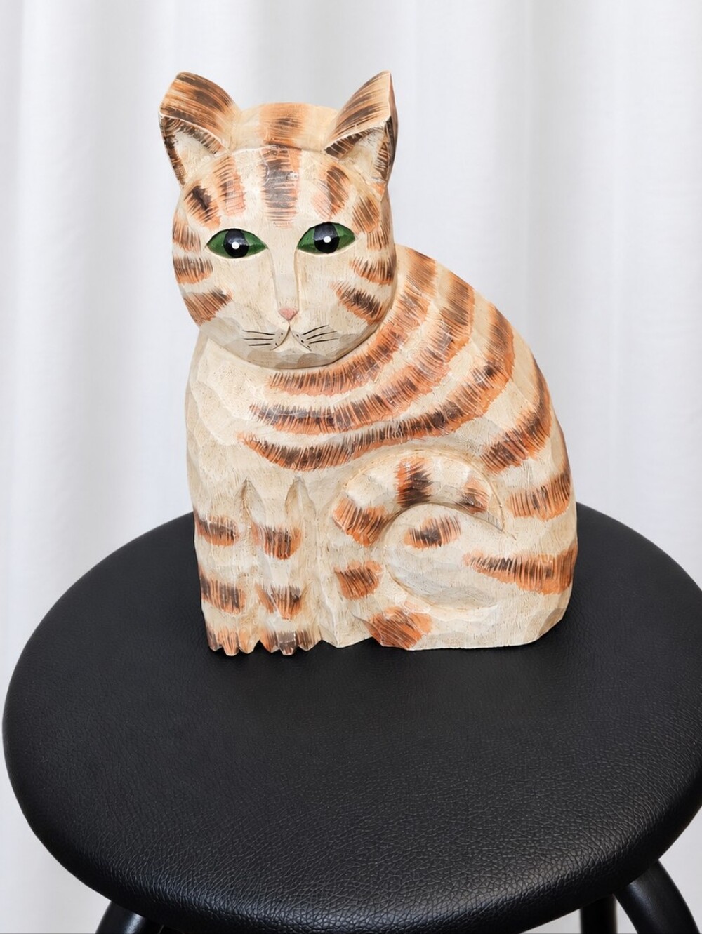 James Haddon Signed Vintage Hand Carved Wood Tabby Cat Folk Art Sculpture Figure